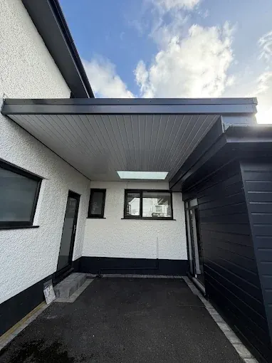 White-rendered walls, a dark clad wall and a canopy with a rooflight over a side passage. One of our jobs.